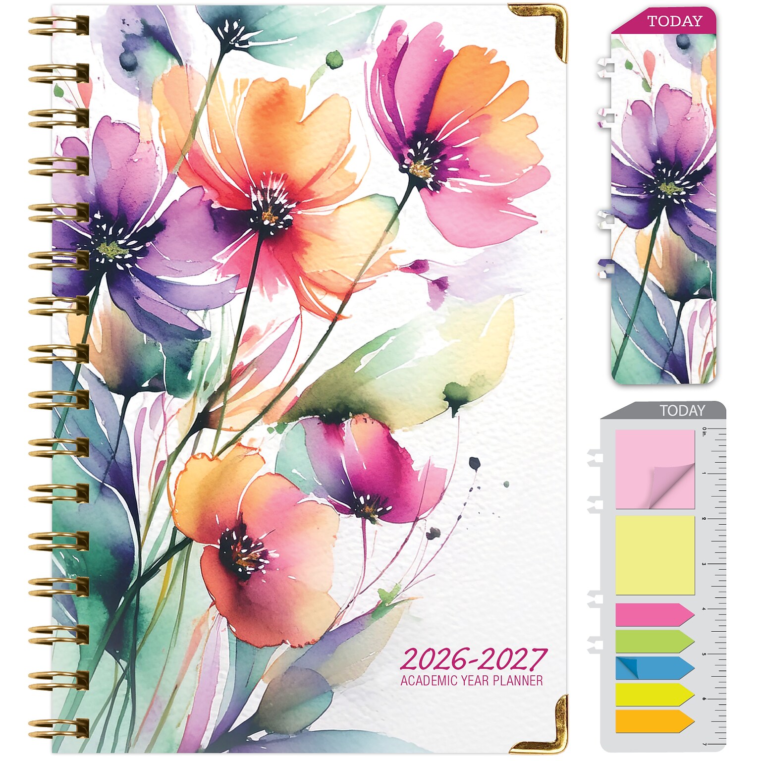 2026-2027 Excello Brands 8 x 5.5 Academic Weekly & Monthly Planner, Paperboard Cover, Rainbow Floral (FSHN-AY26-58-53)
