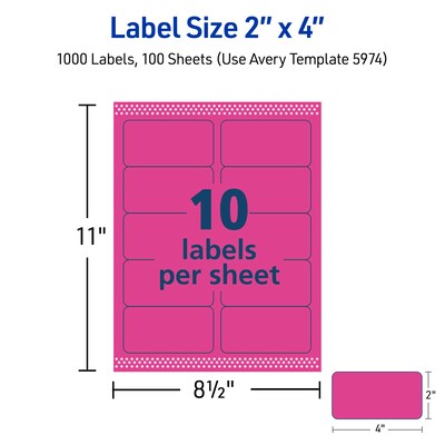 Avery Sure Feed Laser Shipping Labels, 2"x 4", Neon Pink, 1000 Labels/Box (5974)
