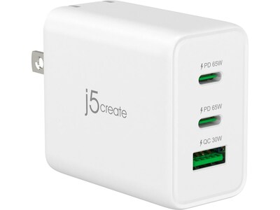 j5create 65W GaN USB-C 3-Port Charger for Laptops, Tablets and Mobile Devices, White (JUP3365)