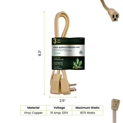 GoGreen Power 14/3 3 Appliance Cord, Beige, 3/Pack (GG-25603)