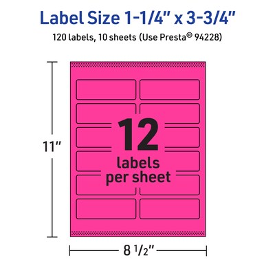 Avery Laser/Inkjet Rectangle Multipurpose Labels, 1.25" x 3.75", Neon Magenta, 120/Pack (94228)