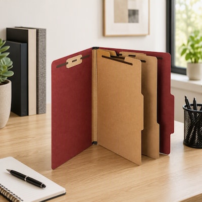Staples 60% Recycled Heavy Duty Pressboard Classification Folder, 2-Dividers, 2" Expansion, Letter Size, Red, 10/Box (ST62560)
