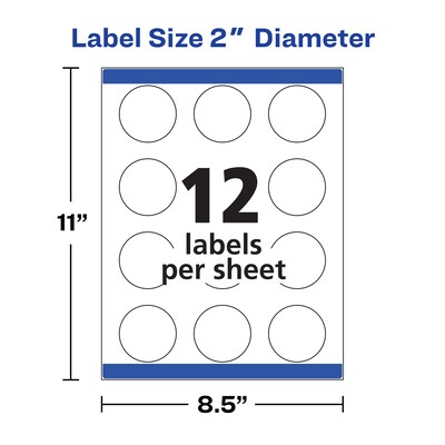 Avery Waterproof Laser/Inkjet Labels, 2" Diameter, White, 12 Labels/Sheet, 25 Sheets/Pack, 300 Labels/Pack (22877)