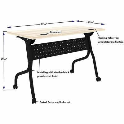 Lorell 48"W x 23.6"D Foldable Flip-Up Training Table, Melamine, With Wheels, Modern Elm/Black (LLR66377)