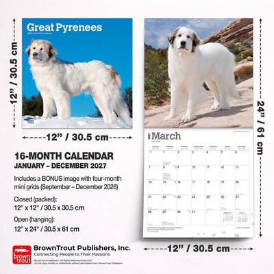 2027 BrownTrout Great Pyrenees 12" x 12" Monthly Wall Calendar (9798330712496)