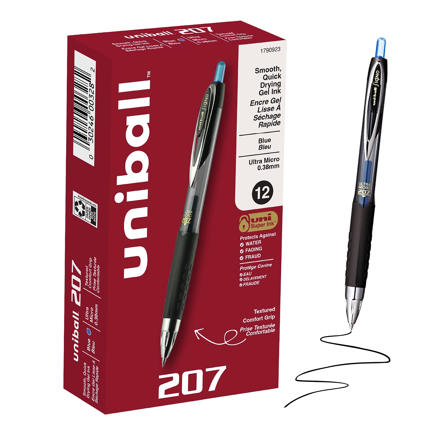 uniball 207 Retractable Gel Pens, Ultra Micro Point, 0.38mm, Blue Ink, 12/Pack (1790923)