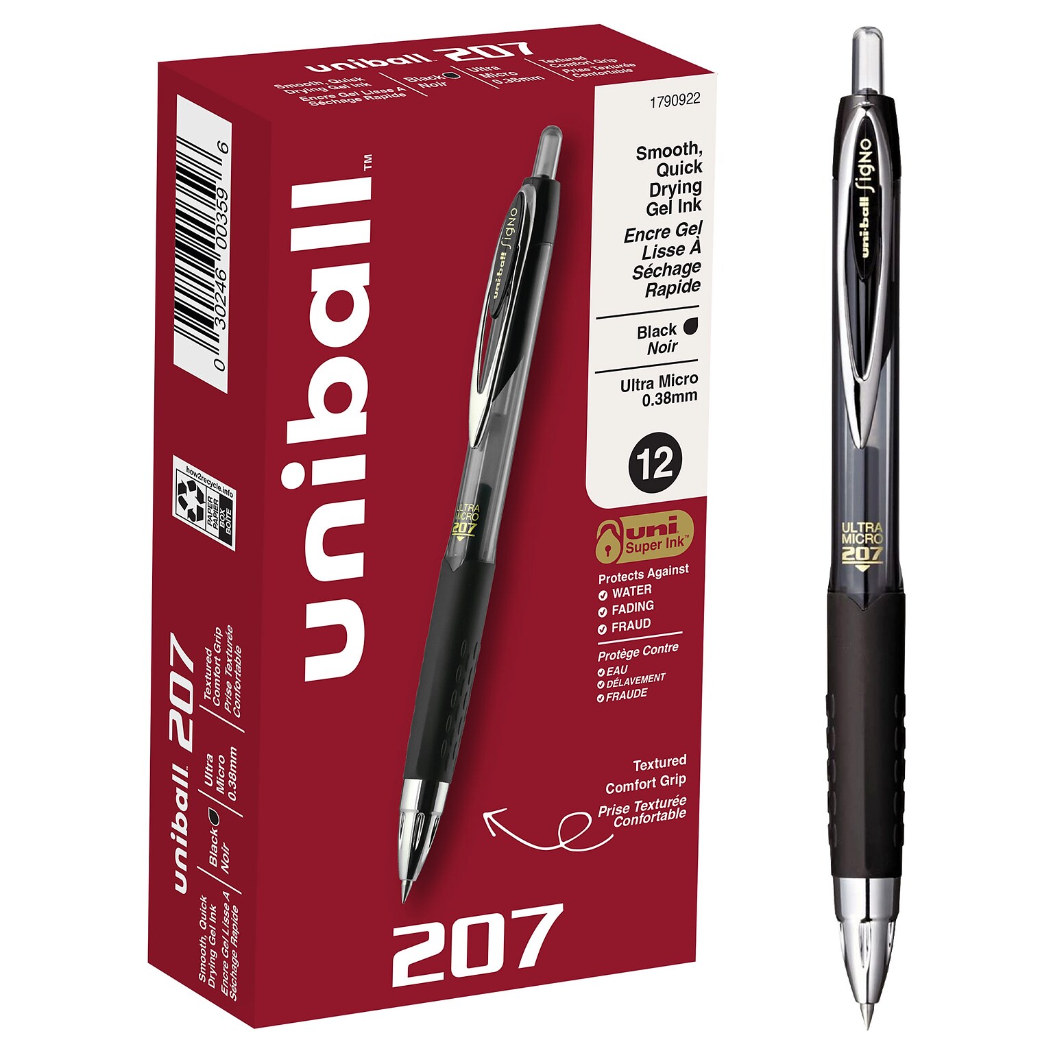 uni-ball 207 Retractable Gel Pens, Ultra Micro Point, 0.38mm, Black Ink, Dozen (1790922)