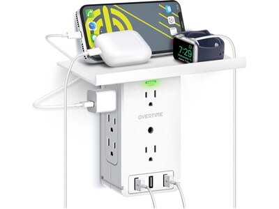 Overtime Wall Outlet Shelf, 8 Outlets and 3 USB Ports, Surge Protector, White (OTWP8O3USB)