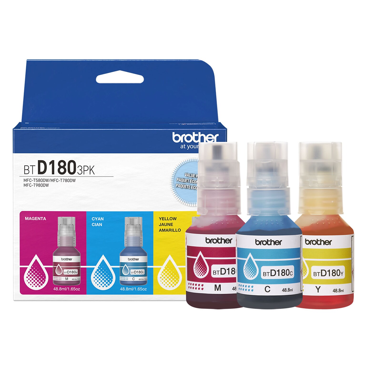 Brother BTD180 Cyan/Magenta/Yellow High Yield Ink Cartridge Refill, Prints Up to 5,000 Pages