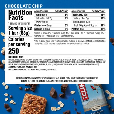 Clif Bar Chocolate Chip Energy Bar, 2.4 oz., 12 Bars/Box (CCC160004)