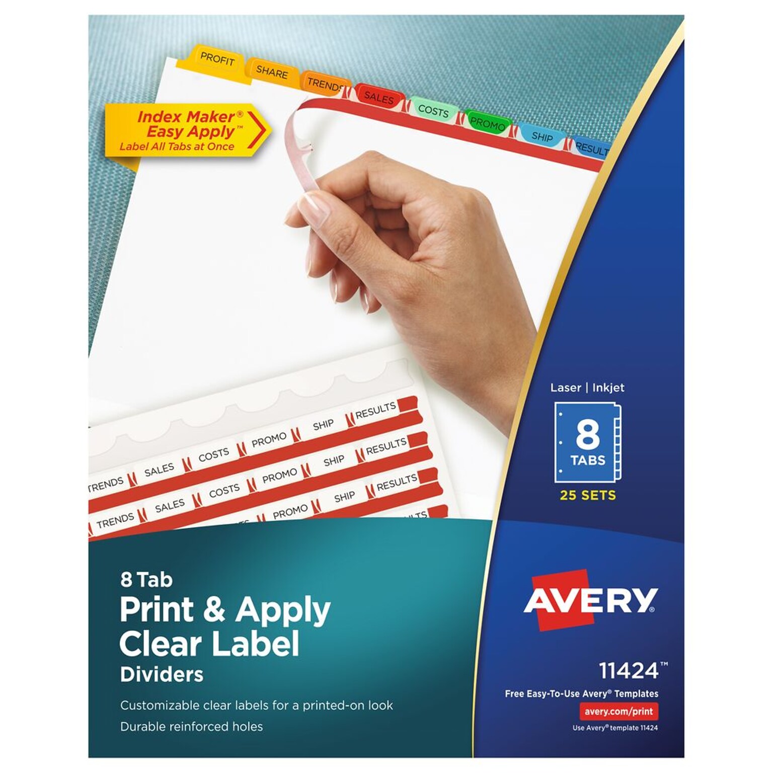 Avery Index Maker Paper Dividers with Print & Apply Label Sheets, 8 Tabs, Multicolor, 25 Sets/Pack (11424)