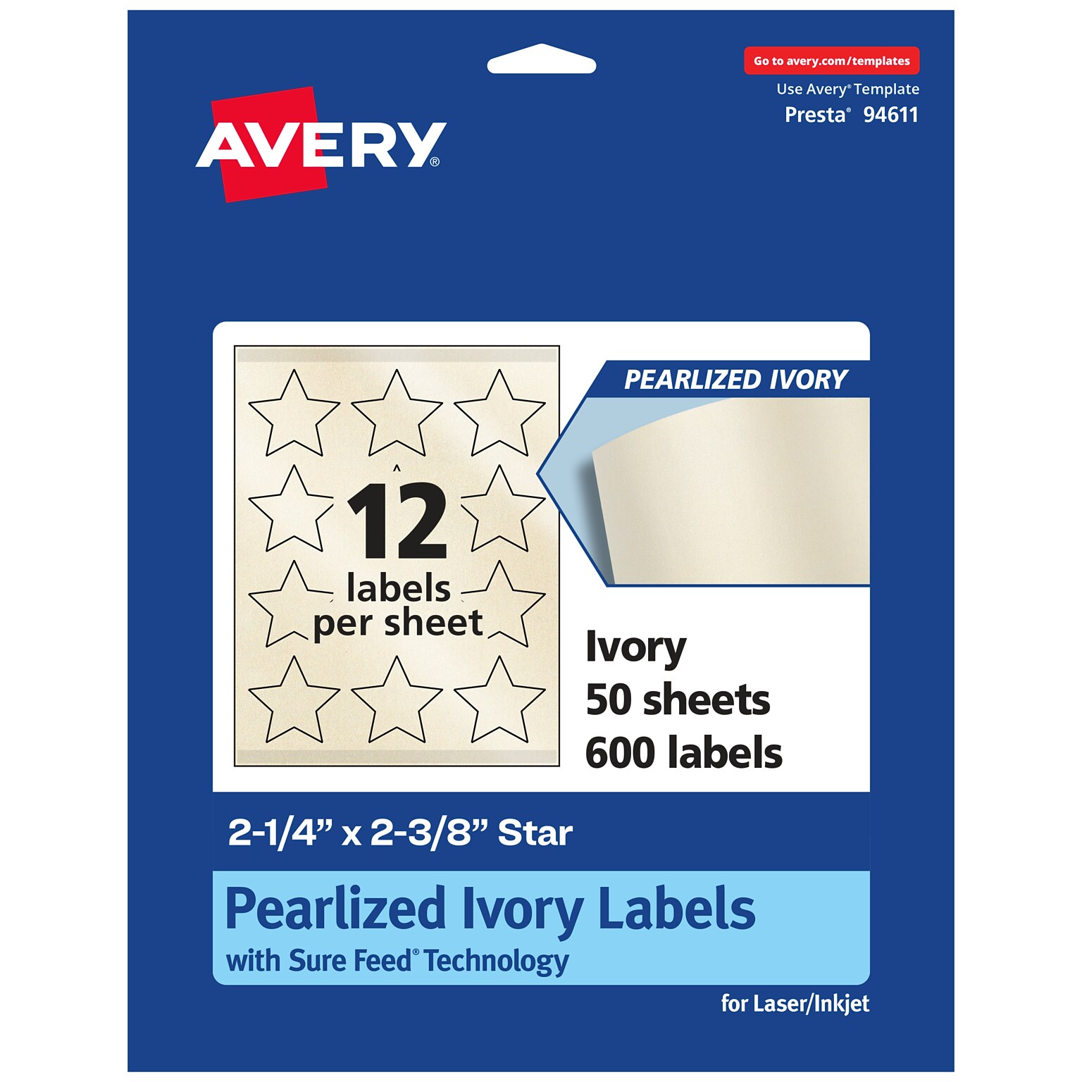 Avery Pearlized Ivory Burst Multipurpose Labels, 2-1/4 x 2-3/8, Ivory, 600/Box (94611)