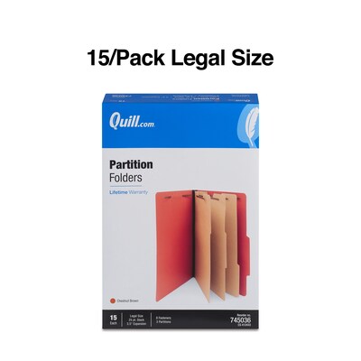 Quill Brand® 2/5-Cut Tab Pressboard Classification File Folders, 3-Partitions, 8-Fasteners, Legal, Brown, 15/Box (7-45036)