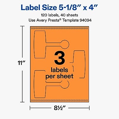 Avery Laser/Inkjet Multipurpose Labels, 5-1/8" x 4", Bright Orange, 120 Labels/Box (19479370722)
