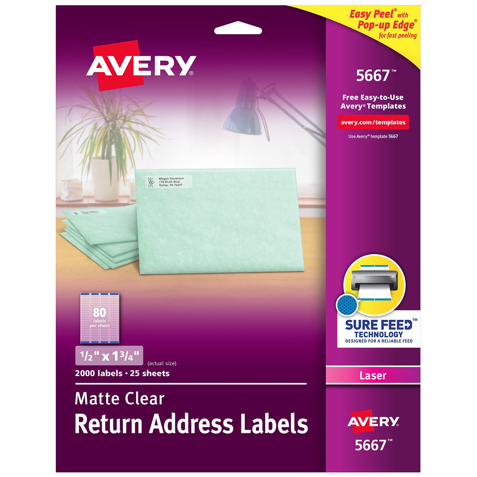 Avery Easy Peel Laser Return Address Labels, 1/2 x 1-3/4, Clear, 80 Labels/Sheet, 25 Sheets/Pack (5667)