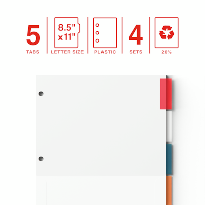 Staples Insertable Paper Dividers, 5-Tab, Customizable Binder Dividers for Office & School