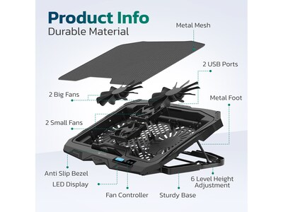 Purely C14 Height-Adjustable 17” Laptop Cooling Pad Stand with 4 Fans, 2 USB Ports (PLSC14)