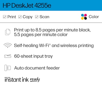 HP DeskJet 4255e Wireless All-in-One Color Inkjet Printer, Scanner, Copier, Best for Home, 3 Months of Ink Included (588S6A)