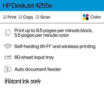 HP DeskJet 4255e Wireless All-in-One Color Inkjet Printer, Scanner, Copier, Best for Home, 3 Months of Ink Included (588S6A)