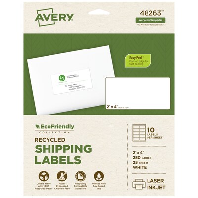 Avery EcoFriendly Laser/Inkjet Shipping Labels, 2 x 4, White, 250 Labels/Pack (48263)