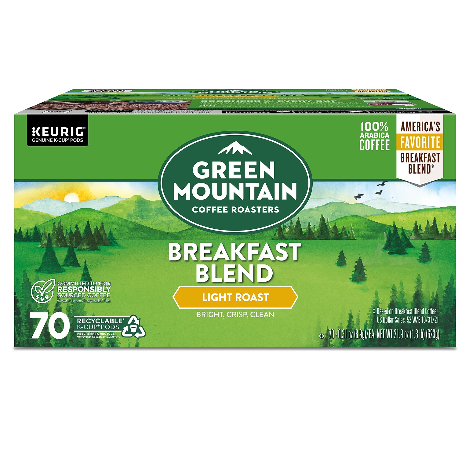 Green Mountain Breakfast Blend Coffee Keurig® K-Cup® Pods, Light Roast, 70/Box (5000373741)