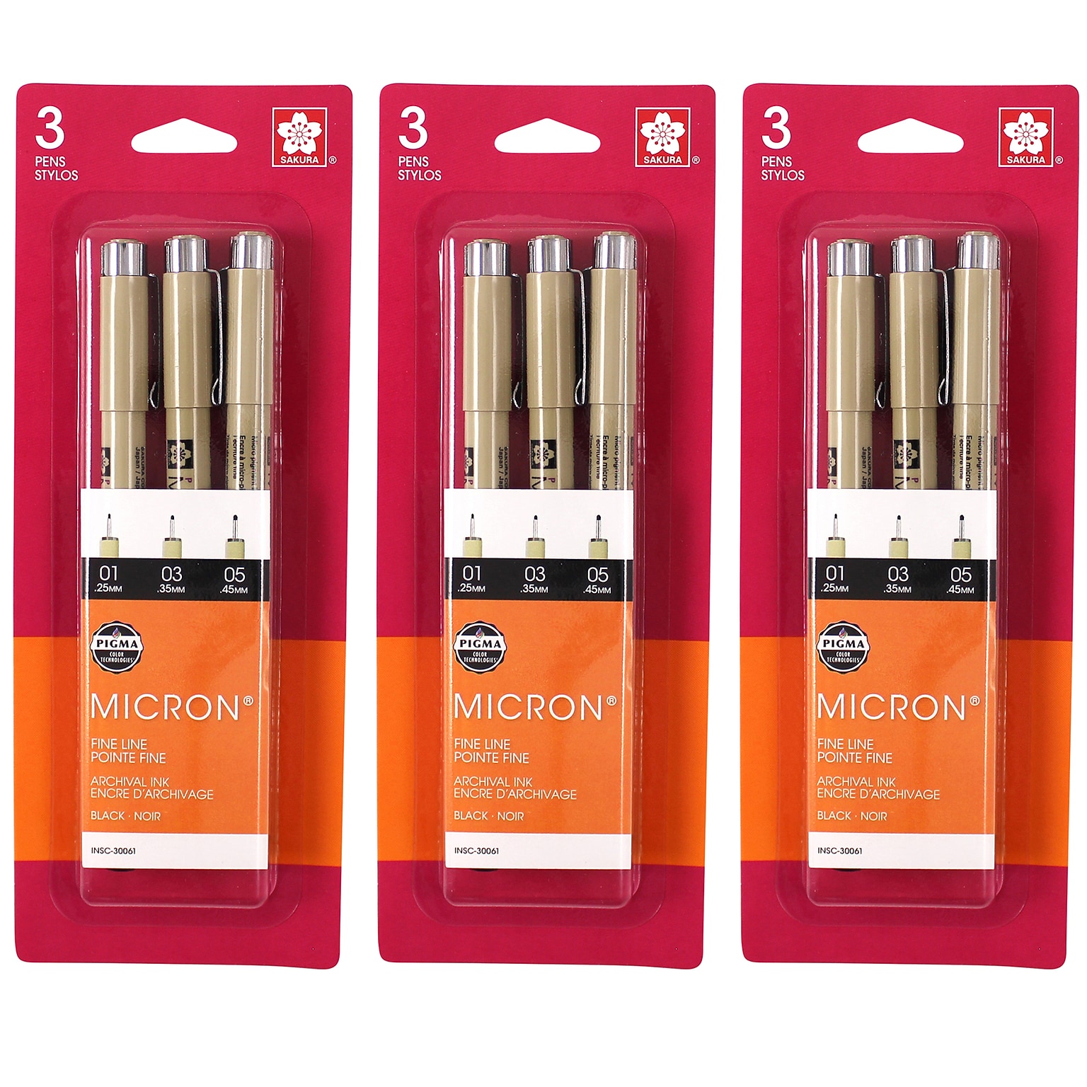 Sakura Pigma Micron Pen, Fineliner, Black Ink, 3/Bundle (SAK30061-3)
