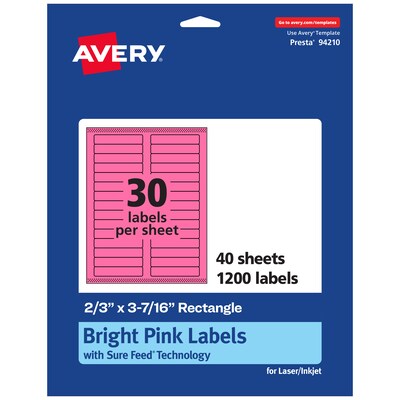 Avery Rectangle Laser/Inkjet Multipurpose Labels, 2/3 x 3-7/16, Bright Pink (1200/Box)