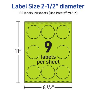 Avery Laser/Inkjet Multipurpose Decorative Edge Labels, 2.5" Dia., Bright Green, 180/Pack (94516)