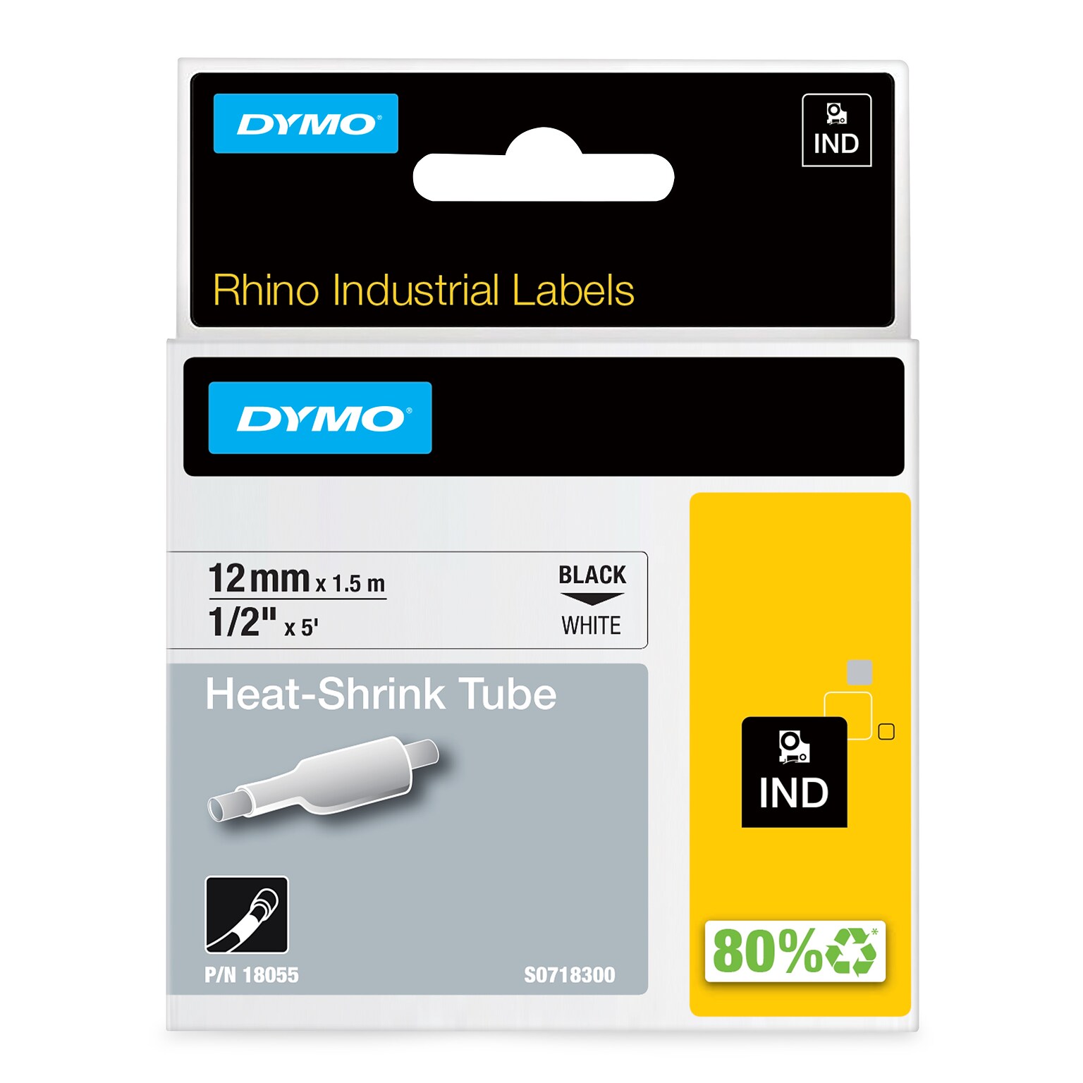 DYMO Rhino Industrial 18055 Heat-Shrink Tube Label Maker Tape, 1/2 x 5, Black on White (18055)