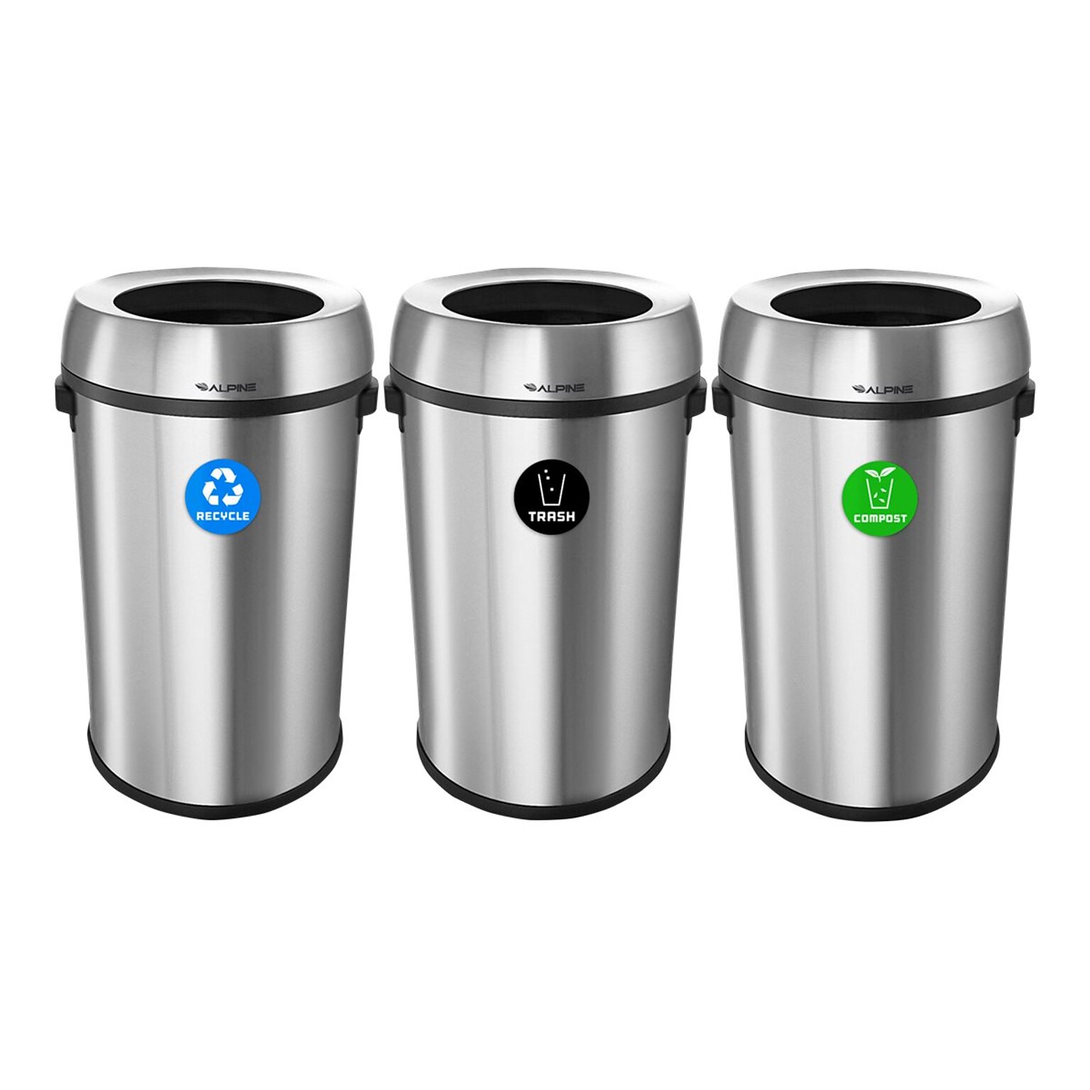 Alpine Industries Stainless Steel Recycling, Trash and Compost Station with Open Lid, 51 Gallon, 3/Pack (ALP470-65L-R-T-CO)