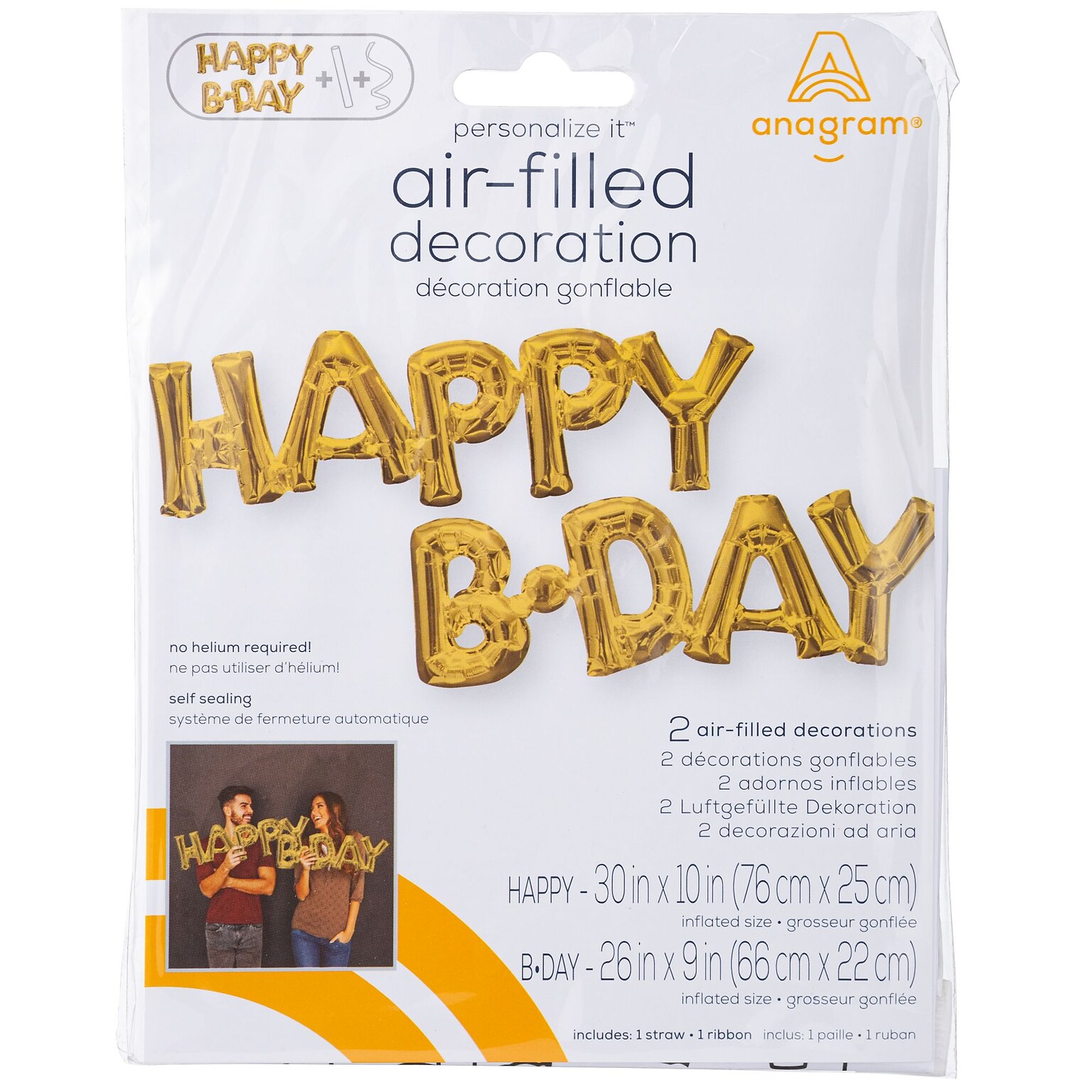 Party City (Air-Filled) Happy B-Day Foil Balloon Letter Banner, White Gold, 2/Pack (AM4467531-NS)