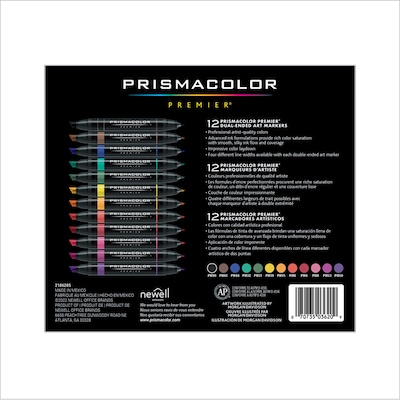 Prismacolor Professional Double-Ended Art Markers, Chisel & Fine, Assorted Colors, 12/Set (3620)