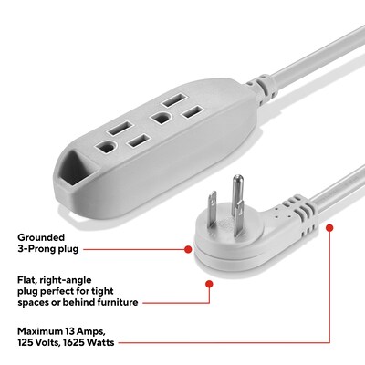 Staples TECH 25' Extension Cord, 3-Outlet, 16 AWG, Gray, 2/Pack (ST62346)