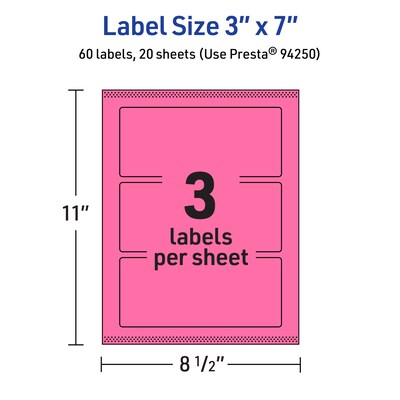 Avery Laser/Inkjet Rectangle Multipurpose Labels, 3" x 7", Bright Pink, 60/Pack (94250)