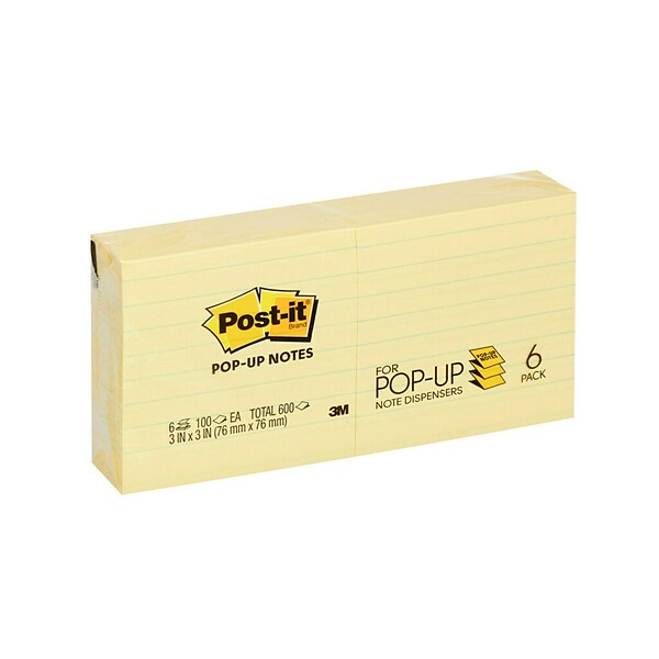 Post-it® Dispenser Pop-up Notes, Canary Yellow, Lined, 3 in x 3 in, 100 Sheets/Pad, 6 Pads/Pack (R335)