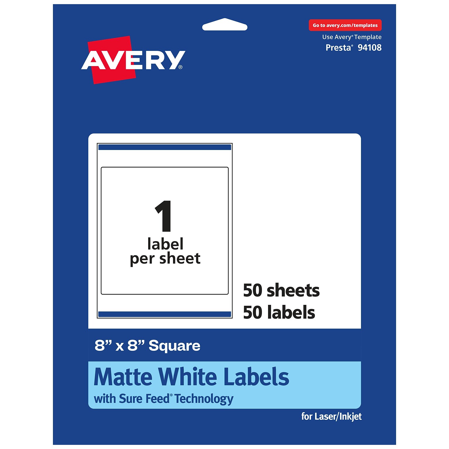 Avery Laser/Inkjet Multipurpose Labels, 8  x 8, Matte White, 50/Box (94108)