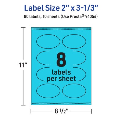 Avery Printable Oval Multipurpose Labels, 2" x 3-1/3", Bright Blue, 80/Pack (94056)