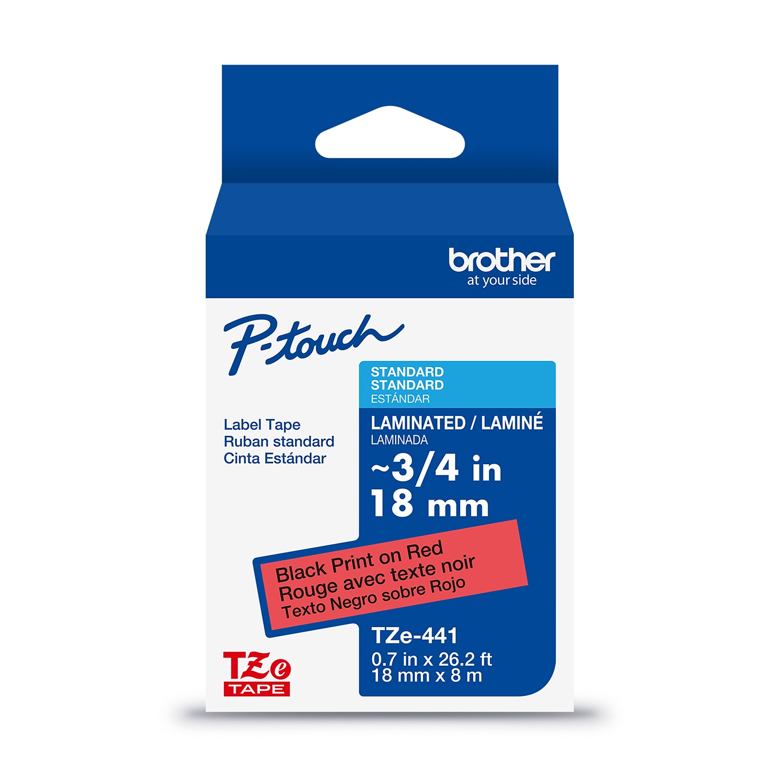 Brother P-touch Laminated Label Tape, ~3/4 x 26.2, Black on Red (TZe441)