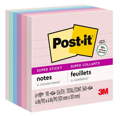 Post-it Recycled Super Sticky Notes, 4 x 4, Wanderlust Pastels Collection, Lined, 90 Sheets/Pad, 6