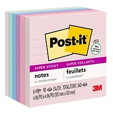 Post-it Recycled Super Sticky Notes, 4 x 4, Wanderlust Pastels Collection, Lined, 90 Sheet/Pad, 6