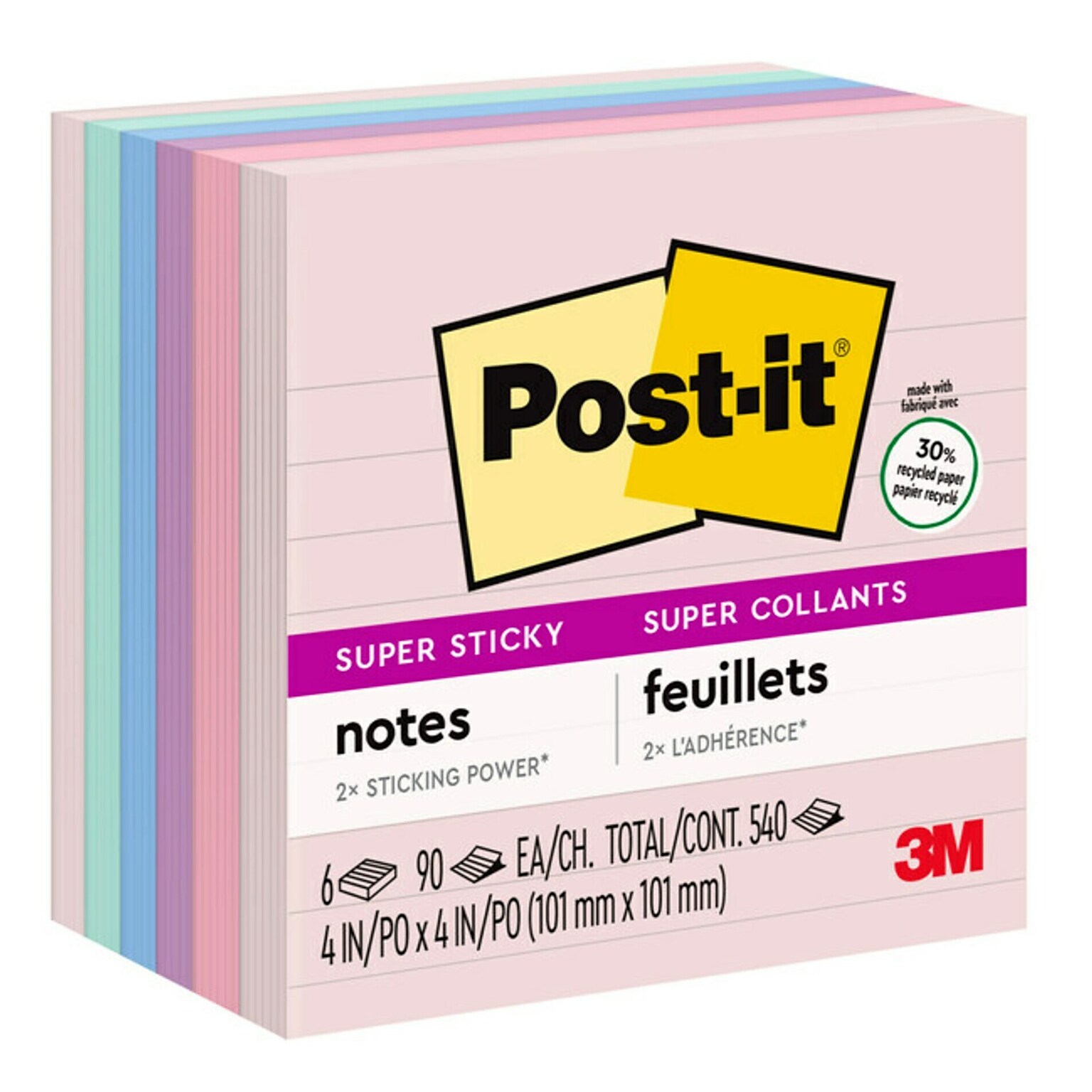 Post-it Recycled Super Sticky Notes, 4 x 4, Wanderlust Pastels Collection, Lined, 90 Sheets/Pad, 6 Pads/Pack (675-6SSNRP)