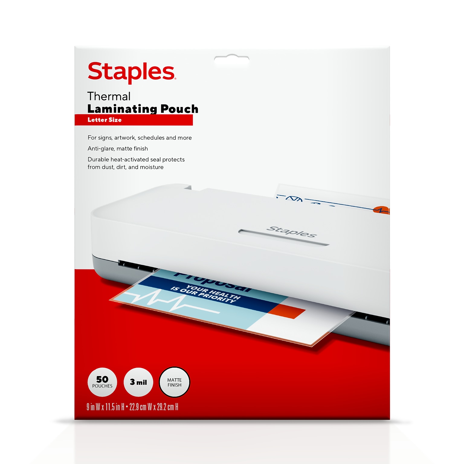 Staples Matte Thermal Laminating Pouch, Letter Size, 3 Mil, 50/Pack (ST63144)