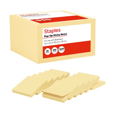 Staples Pop-Up Sticky Notes, 3 x 3, Sunshine Colors, Recycled Paper, 3600 Sheets – Eco-Friendly Dispenser Notes for Offices