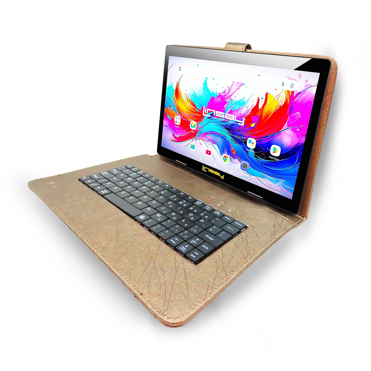 Linsay F10 Series 10.1 Tablet, Wi-Fi, Octa Core, 256GB eMMC, Android 15, with Brown Unique Oracle Keyboard Case & Briefcase