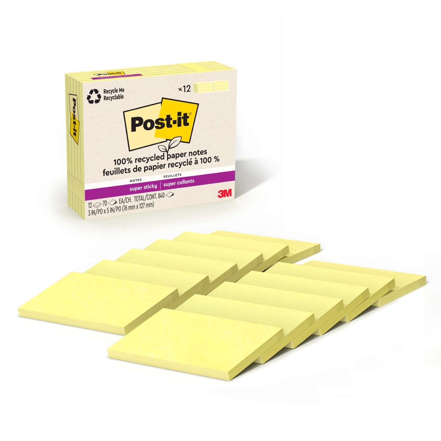 Post-it Recycled Super Sticky Notes, 3 x 5, Canary Collection, 70 Sheets/Pad, 12 Pads/Pack (655R-12SSCY)