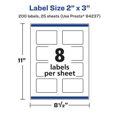 Avery Laser/Inkjet Rectangle Durable Waterproof Labels, 2" x 3", White, 200 Labels/Pack (94237)