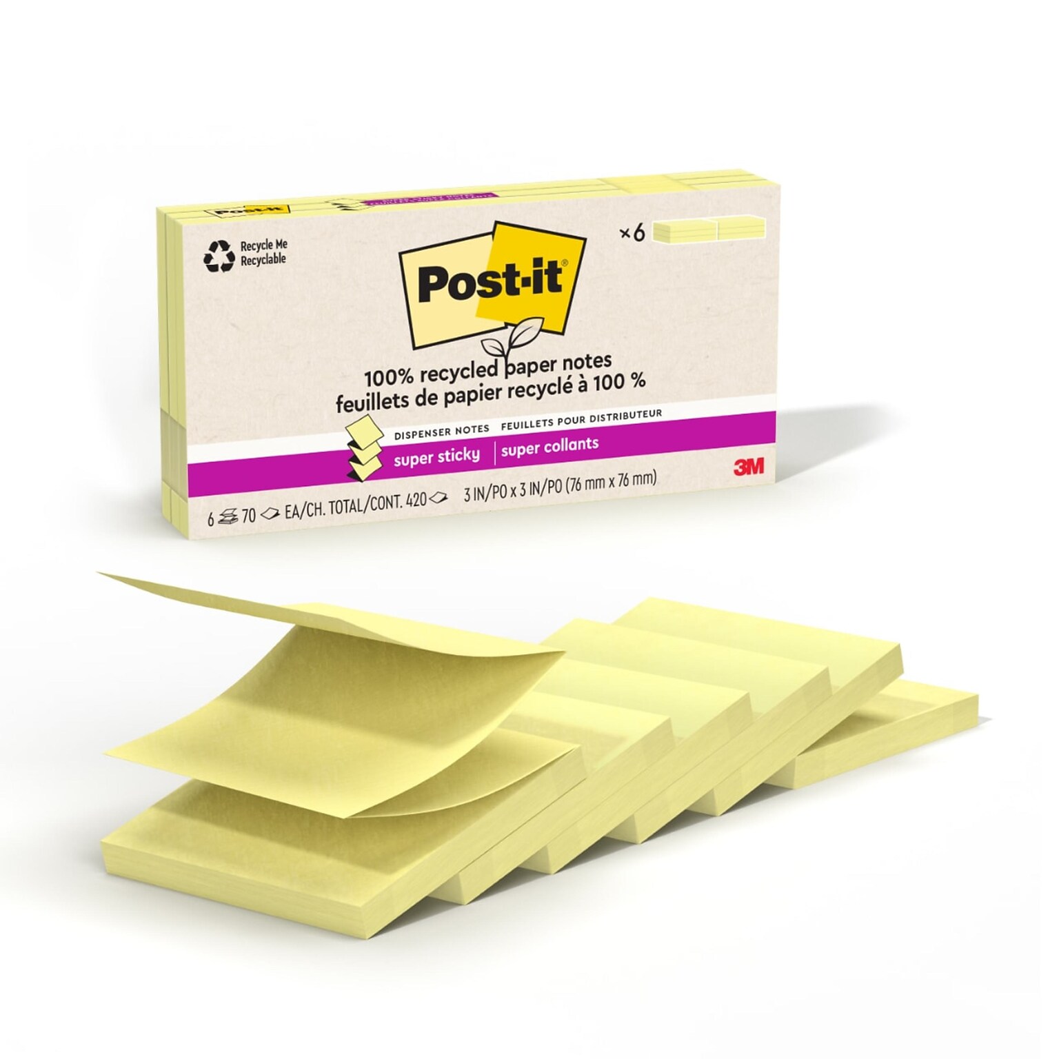 Post-it Recycled Pop-up Super Sticky Notes, 3 x 3, Canary Collection, 70 Sheets/Pad, 6 Pads/Pack (R330R-6SSCY)