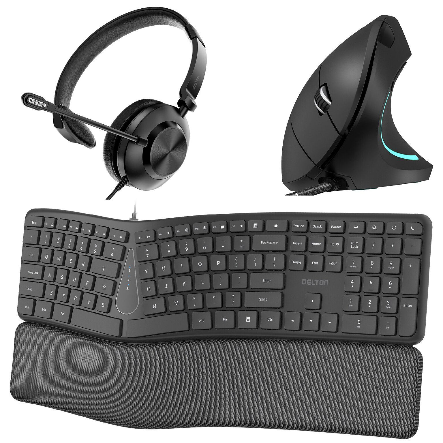 Delton KBE250 Ergonomic Wired Keyboard, Vertical Mouse, and USB-A/USB-C Noise-Cancelling Headset Bundle, Black (DKBE250BD2)
