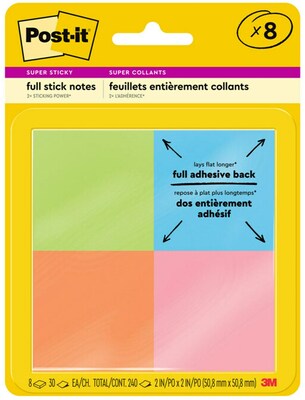 Post-it Full Adhesive Notes, 2 x 2, Energy Boost Collection, 25 Sheet/Pad, 8 Pads/Pack (F220-8SSAU