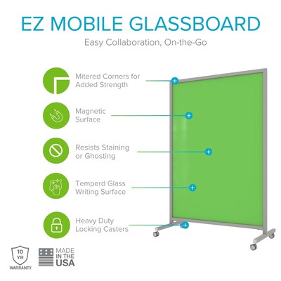 Ghent EZ Magnetic Glass Mobile Dry-Erase Whiteboard, Aluminum Frame, 75H x 50W, Green (EZ1MA7550GN)